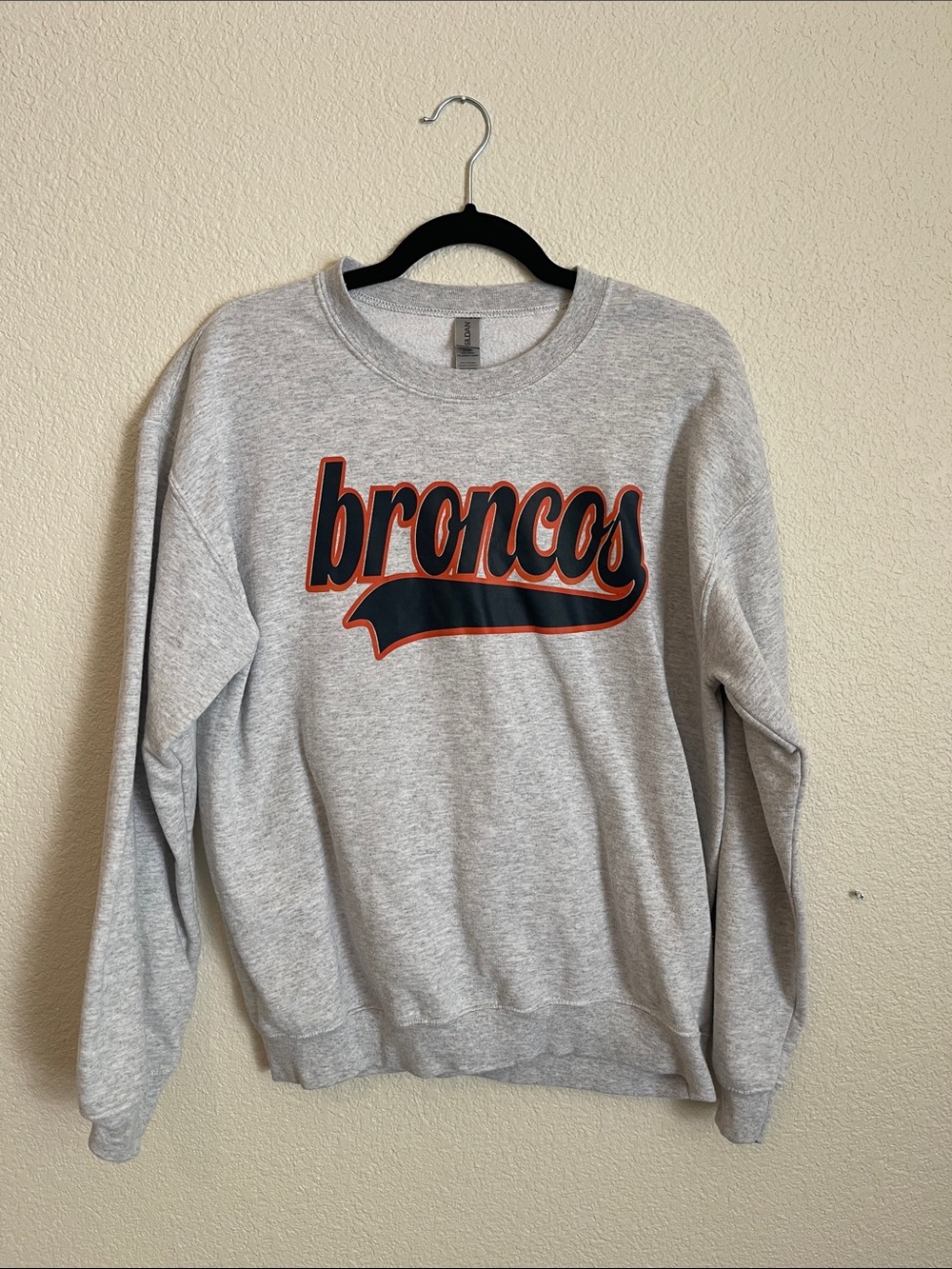 Gildan Gray Crewneck Sweatshirt with Navy and Orange Broncos Script
